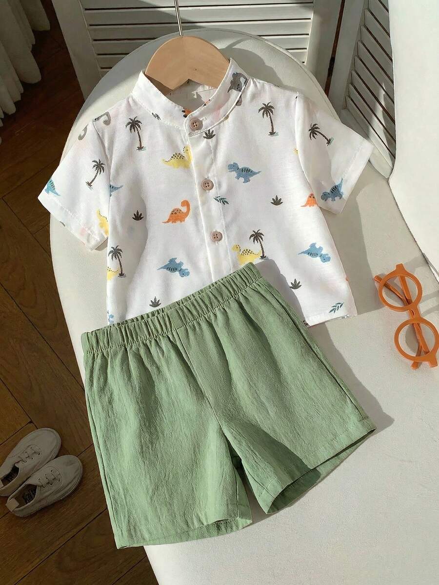 SHEIN 2pcs Baby Boy Dinosaur Print Short Sleeve Mandarin Collar Shirt And Green Shorts Set,Green And White Striped,Summer,Casual,City Break,Holiday Party - Multicolor - View 1