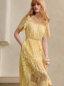 Arave Women's Elegant Lace Round Neck Floral Print Long Dress, Stylish For Date Vacation Yellow Summer - Pale Yellow - View 6