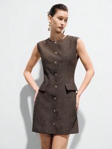 Aveloria Modichic Women's Round Neck Metal Single-Breasted Sleeveless Mini Dress - Multicolor - View 5