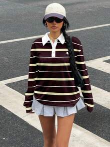 Muchica Women's Casual Striped Print Drop Shoulder Long Sleeve Collared T-Shirt - Multicolor - View 3