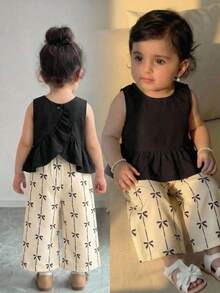 KIDS KIDS Baby Girl Woven Ruffle Back Cross Design Casual Shirt With Woven Sweet Cute Bow Striped Print Loose Long Pants Set Black And White - Black and White - View 5