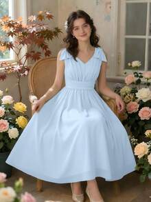 Teen Girl Baby Blue Summer Elegant Party Dress,Solid Color Shoulder Bow Decor Sleeveless V-Neck Pleated Ruffle Sleeve Flare Dress,Light Blue Dress - Baby Blue - View 3