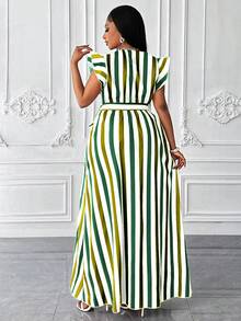 Đầm maxi dáng rộng dành cho nữ, màu xanh lá cây và trắng kẻ sọc, tay bồng, có thắt lưng, kiểu dáng thanh lịch, thích hợp cho dự tiệc cưới và các buổi tiệc mùa xuân & hè. - màu xanh lá - Xem 2