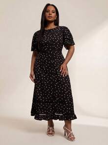 ELLERISSA Curve Elegant Lace Insert Midi Dresses For Women, Black Floral Print Button Down A Line Dress, Casual Summer Wear, Work Dress, Plus Size Dresses For Women, Office Outfits, Everyday Wear, Floral Midi Dress, Lace Trim Dress, Vacation Outfits, Lace Trim Dress - Black - View 6
