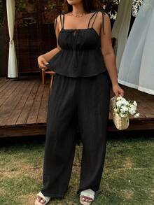 Comfortcana Plus Size 2 Pieces Set: Linen Ruffle Camisole And Wide Leg Pants, Casual Vacation Style, Spring/Summer, Comfortable Cotton Camisole And Long Pants 2 Pieces Set, Cotton 2 Pieces Set, Summer Clothing - Black - View 10