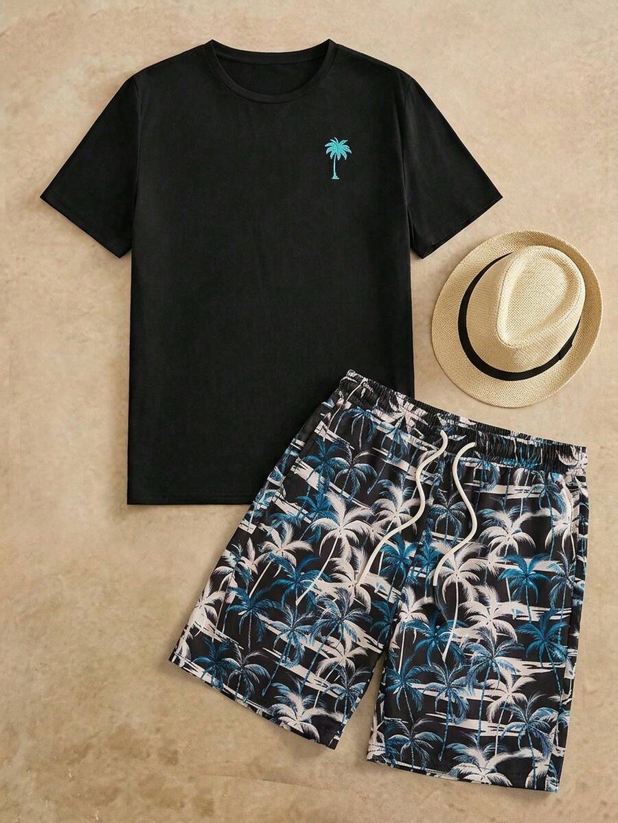 AKNOTIC Business Casual Tricou casual pentru bărbați, imprimeu de cocos pentru plajă, confortabil, versatil, pentru călătorii, stil iubit, pentru cupluri, asortat, pentru familie, pantaloni scurți cu talie elastică