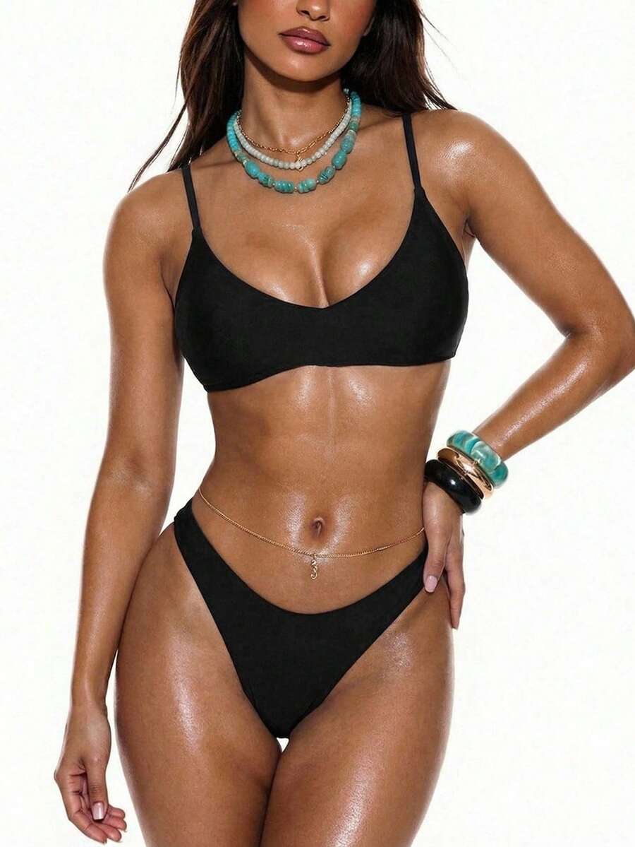 SHEIN Swim Basics Bañador bikini unicolor con tira cruzada - Negro - Ver 1