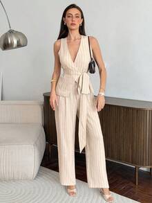 DAZY 女士两件套条纹裹身V领系带背心外套和阔腿裤休闲度假套装，春夏女士家居服套装 - 杏色 - 查看 3
