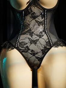 SpicyHot Bộ jumpsuit ren phối ren gợi cảm dành cho nữ - màu đen - Xem 8