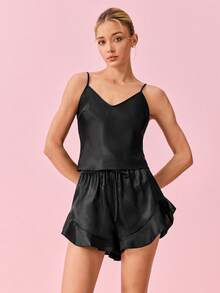 Bonmuse Bộ đồ ngủ/Bộ đồ ngủ liền thân áo hai dây và quần short viền nhún bèo - màu đen - Xem 5