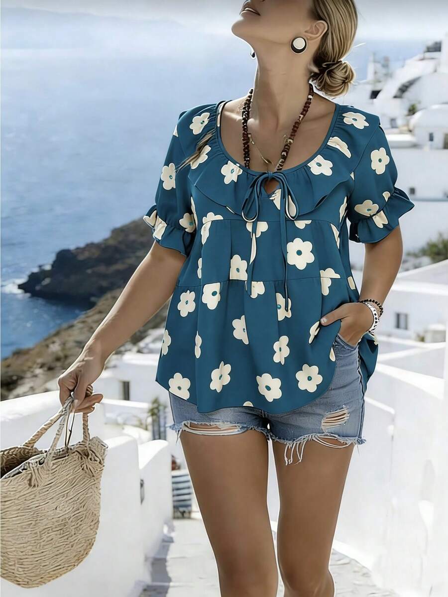 SHEIN LUNE CURVE Camisa con estampado floral, volantes en el bajo y lazo delantero para mujer talla grande - Agua verde azul - Ver 1