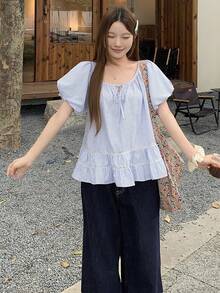 DAZY Áo thun nữ tay ngắn cổ tròn kẻ sọc, kiểu dáng thường ngày, thích hợp mặc mùa hè. - Màu xanh lam - Xem 4