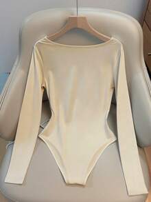 Franclia Women's Elegant Draped Collar Long Sleeve Bodysuit,Cream,Autumn,Effortless Chic,Everyday Lustrous Fabric Plain Vanilla Yellow Commuting Tops - Apricot - View 2