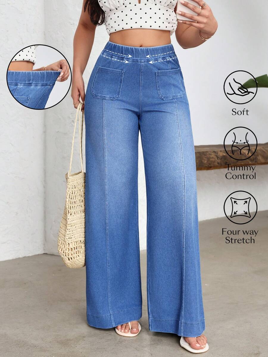 Flexra Women's Elastic Waist Dual Pocket Wide Leg Loose Casual Jeans - Blue - View 1