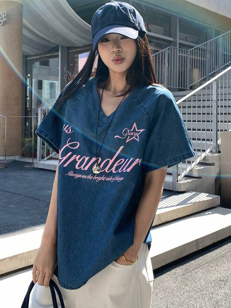Women's Summer V-Neck Loose Letter Embroidery Denim Pullover Top