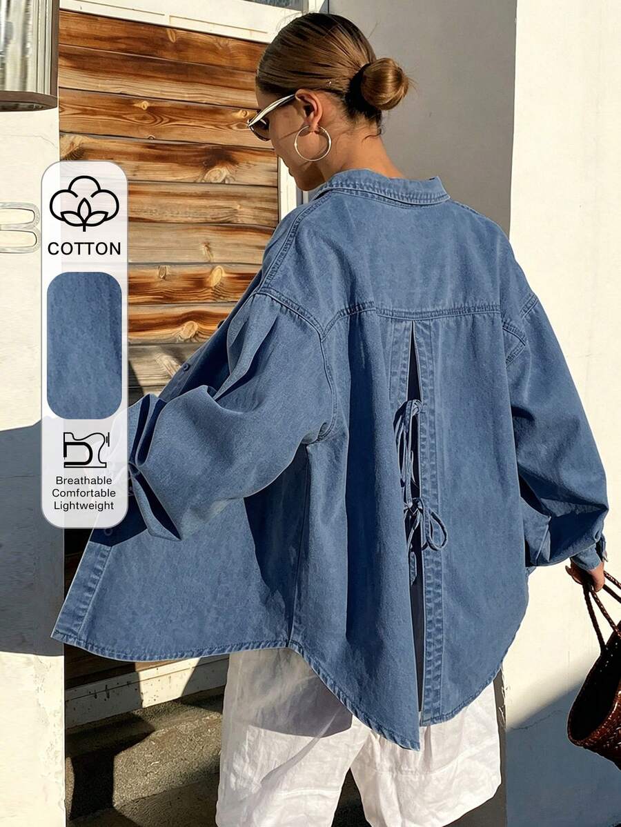 Áo khoác denim nữ dáng rộng, thoải mái, phong cách nghỉ dưỡng, có nơ, thích hợp cho mùa xuân và mùa hè. - Màu xanh lam - Xem 1