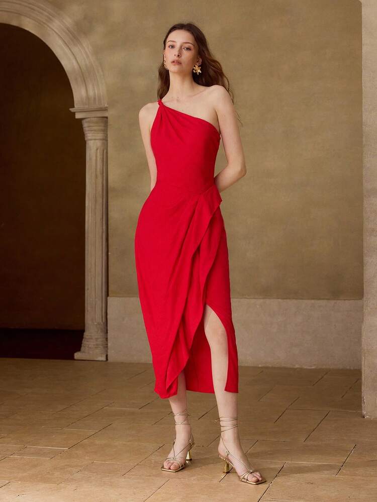 WOMEN'S LINEN MID-LENGTH DRESS WITH ASYMMETRICAL NECK AND SIDE SLIT, SPRING/SUMMER