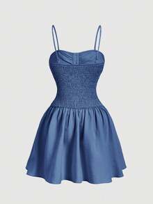 Skyraze Women Solid Color Minimalist Casual Spaghetti Strap Mini Dress,Summer Dresses For Blue Jean Denim Retro Woman Zanea - Dusty Blue - View 5