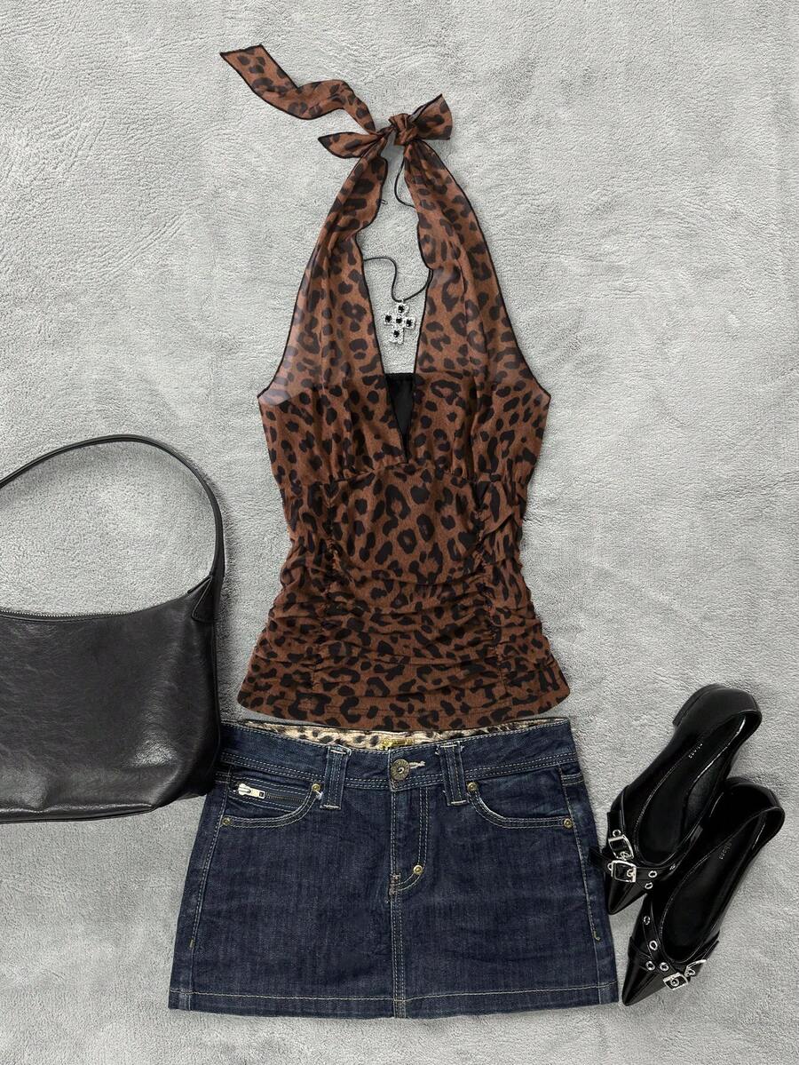 Glimmora 女士豹纹极简日常穿搭露背吊带背心 - 棕色 - 查看 1