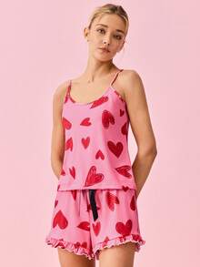 Bonmuse Women's Heart Pattern Camisole Top And Shorts Pajama Set Holiday Seasonfor Summer - Red - View 4