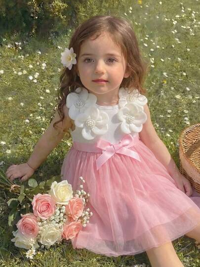 Đầm lưới hoa 3D thanh lịch và dễ thương cho bé gái