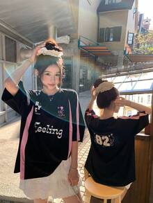 DAZY 女士圆领撞色英文印花短袖T恤图案T恤 - 黑色 - 查看 5