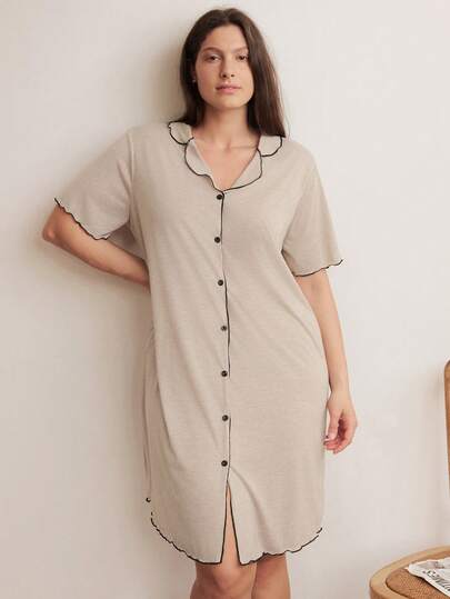 Doze Lane Plus Size Casual Minimalist Contrast Color Cardigan Nightgown
