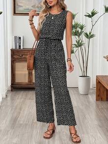 SHEIN Holidaya Spring/Summer Vacation Round Neck Sleeveless Elastic Waist Ditsy Floral Jumpsuit - Black - View 4