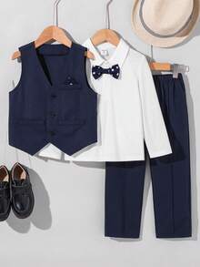 SHEIN 男童学院风纯色长袖衬衫、马甲和长裤三件套西装，绅士风格，适合儿童穿着，适合男童，可用于返校、校服、幼儿园、生日派对、晚宴、婚礼、洗礼、开学典礼、日常穿着、旅行、运动、秋冬季等场合。 - 藍色 - 查看 2