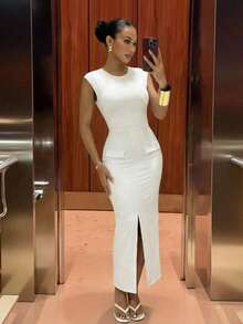 Slaydiva 早春新款、春夏音乐节、情人节、复活节、波西米亚风、游牧风、休闲风、简约基础风、邮轮派对、生日派对、日常约会、休闲度假、优雅通勤、花园、袖套、假口袋套、装饰、前中高开衩至大腿、白色连衣裙、女士长裙 -A - 白色 - 查看 2