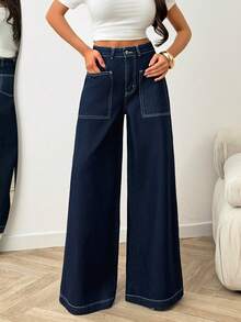 SHEIN Thin Cool Fabric A-Line High Waist Loose Wide Leg Denim Jean Woman's Pant Daily Comfy Style - Dark Wash - View 3