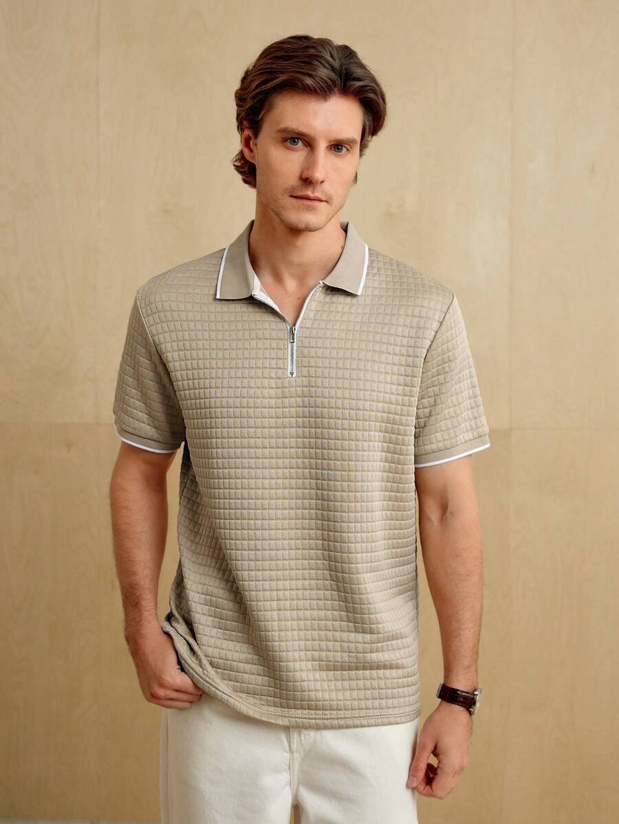 Manfinity Homme 男士撞色短袖休闲通勤 Polo 衫 - 卡其色 - 查看 1