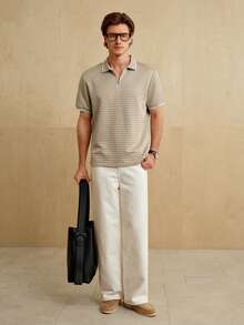 Manfinity Homme 男士撞色短袖休闲通勤 Polo 衫 - 卡其色 - 查看 3
