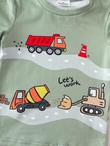 4件套男童短袖长裤套装，橄榄绿和杏色卡通汽车印花修身休闲舒适柔软弹力睡衣，夏季 - 彩色 - 查看 7