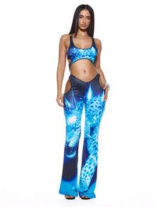 MUSERA Top corto con espalda abierta, estampado y cadena cruzada, sexy para verano, primavera, festivales, vacaciones, fiestas y salidas - Azul - Ver 3