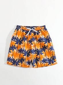 SHEIN Teen Boy Orange Navy Leaf Print Beach Shorts, Daddy And Me Matching (2 Pieces Sold Separately) - Multicolor - View 7