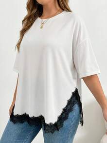 SHEIN Essnce Plus Size Women Casual Round Neck Lace Trim T-Shirt, Versatile For Daily Wear - White - View 7