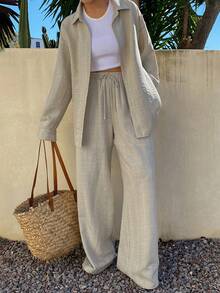 DAZY Bộ đồ gồm áo sơ mi cơ bản thiết kế mùa xuân hè, áo kiểu dáng thường ngày thoải mái đi biển và quần ống đứng, bộ đồ hai mảnh thanh lịch dành cho quý bà thượng lưu khi đi làm. - Màu be - Xem 4