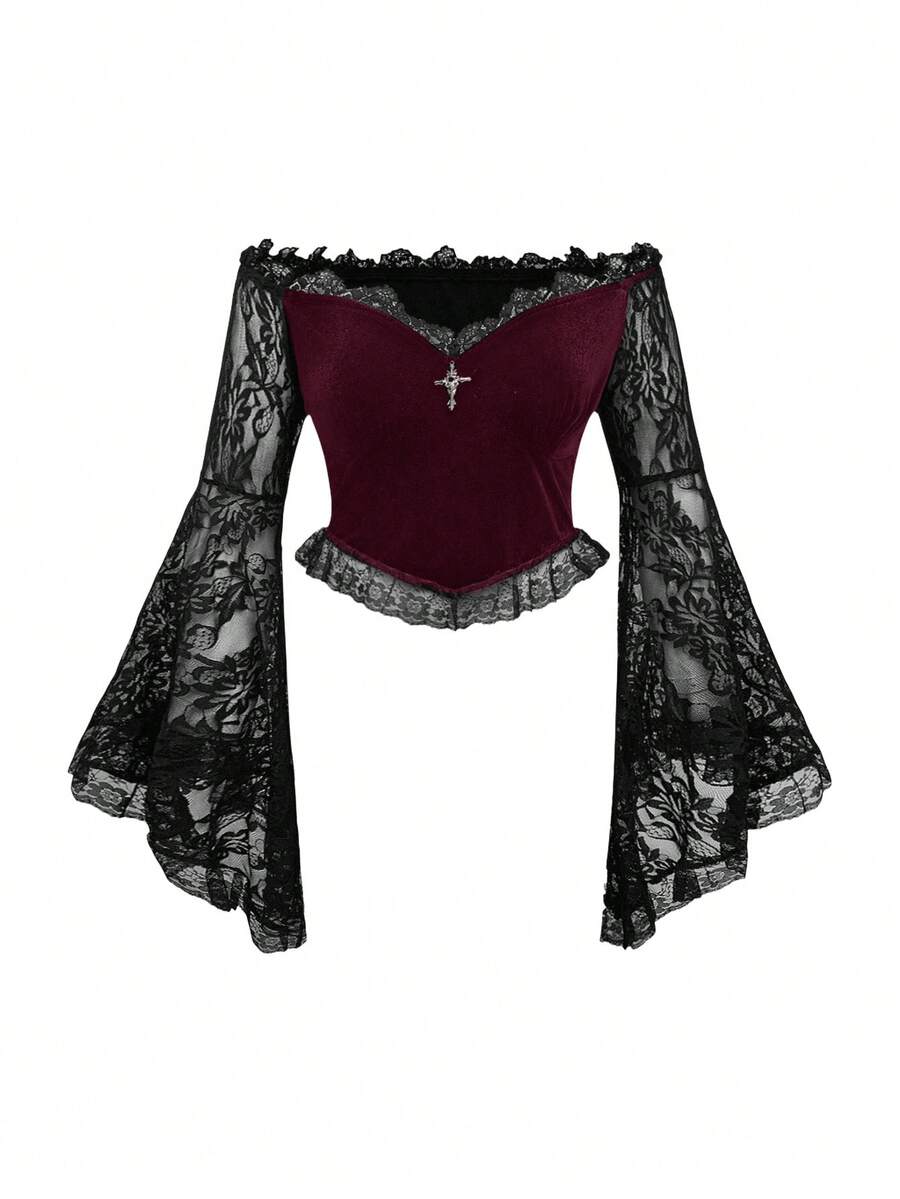 ROMWE Goth 大码女式哥特式露肩蕾丝喇叭袖天鹅绒修身上衣 - 酒紅色 - 查看 1