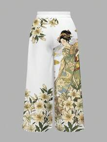 ROMWE Avant Pantalones anchos de pierna ancha con estampado floral vintage de talla grande - Blanco - Ver 2