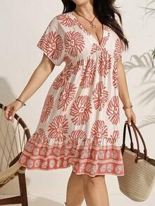 SHEIN LUNE Đầm nữ cỡ lớn in họa tiết toàn thân, cổ chữ V, tay ngắn, kiểu dáng thường ngày, thích hợp cho kỳ nghỉ. - trái cam - Xem 3