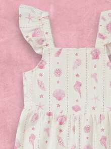 SUMWON Bộ áo liền quần dài tay bồng in hình vỏ sò cho bé gái, kiểu dáng mùa hè, thích hợp cho kỳ nghỉ biển hoặc đi chơi. - Màu be - Xem 5