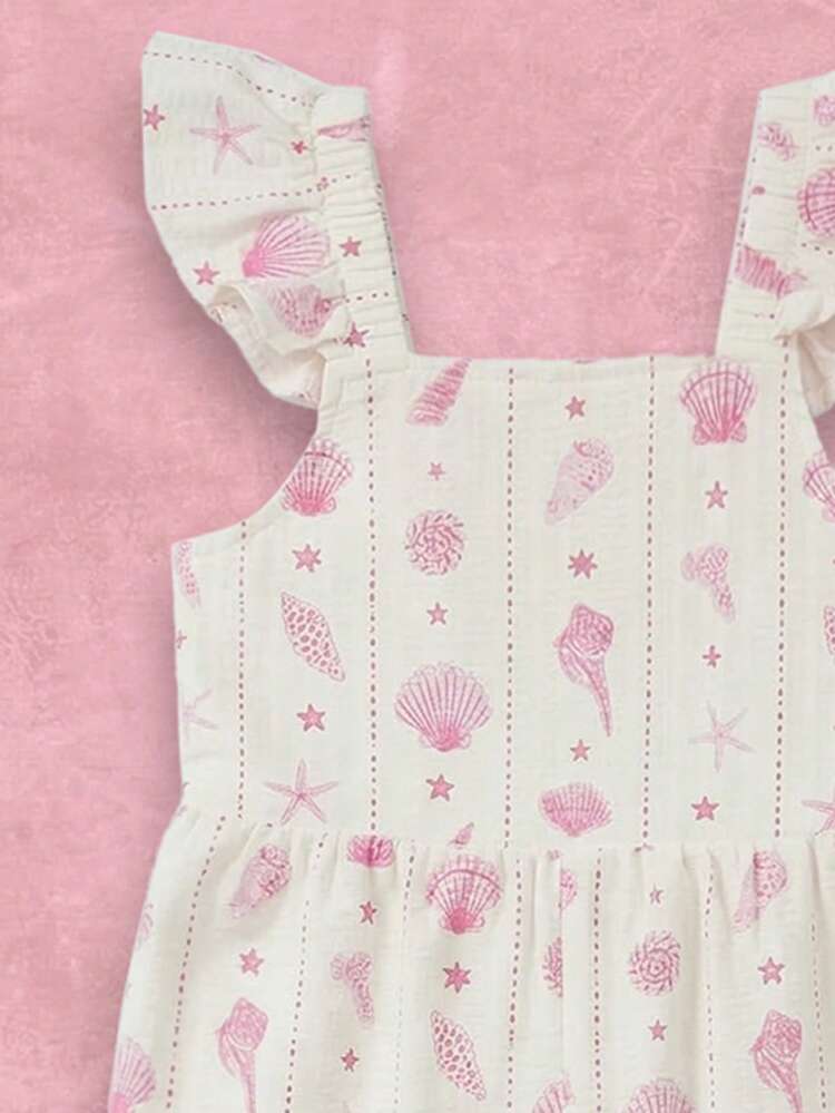 女の子用フリルフラッタースリーブ貝殻プリントスモッククフルレングスジャンプスーツ、夏のビーチバケーション、カジュアルプレイスーツ