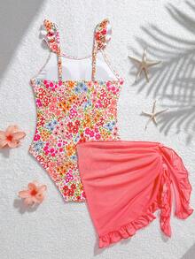 SHEIN Bộ đồ bơi liền thân gợi cảm, sành điệu dành cho bé gái tuổi teen, thiết kế dây đeo và chân váy họa tiết hoa, in hình sinh vật biển, thích hợp cho kỳ nghỉ, bơi lội và đi biển mùa hè. - Nhiều màu - Xem 2
