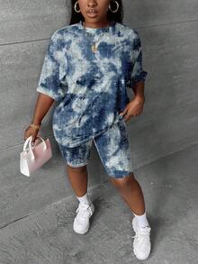 Slaydiva Textured Tie-Dye Print Plus Size 2 Pieces Set, Suitable For Music Festival Outfit - Multicolor - View 3