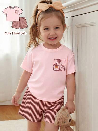 SHEIN Bộ 2 món cho bé gái, kiểu dáng tối giản, gồm áo thun cổ tròn tay ngắn và quần short, thích hợp mặc hàng ngày vào mùa xuân/hè.