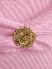 Franclia Women's Fashionable Elegant Solid Color Rose Button Off Shoulder Ribbed Dress - Pink - View 5
