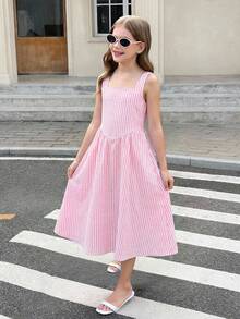 SHEIN Đầm casual kẻ sọc cổ vuông không tay cho bé gái tuổi teen - Hồng - Xem 8