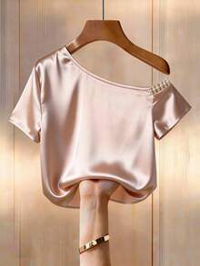SHEIN Atasan Satin Champagne Bahu Terbuka/Dekorasi Trim Mutiara Imitasi/Elegan/Kerja/Kencan/Blus Modis - Aprikot - View 2