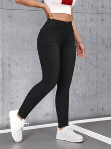 SHEIN Tall Blugi skinny din denim, stil casual, cu aspect uzat, pentru femei - Negru - Vizualizare 3